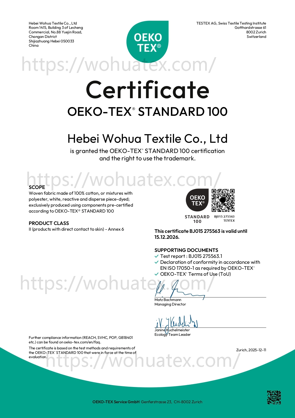 OEKO-TEX® STANDARD 100 سرٹیفکیٹ - SHHO 091023